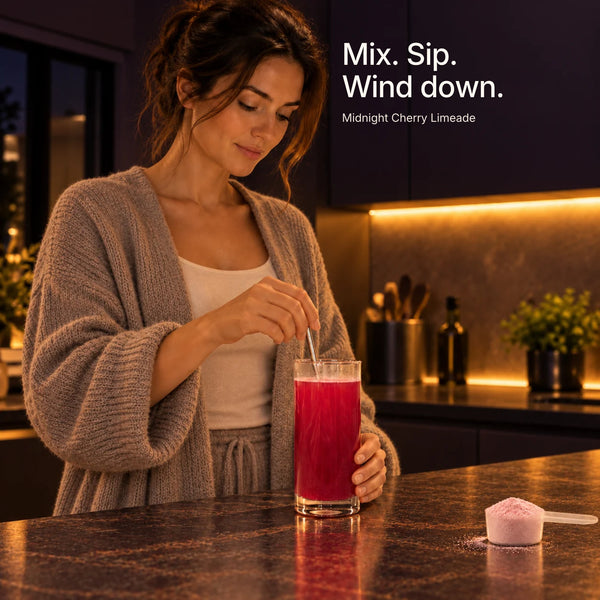 Preparing Neuro-Rest PRO Midnight Cherry Limeade in a warm evening kitchen.