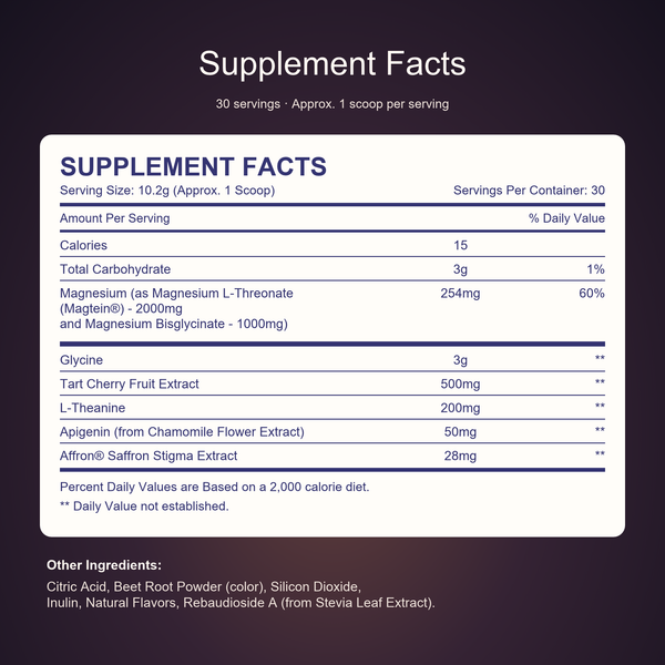 Neuro-Rest PRO Supplement Facts and other ingredients, serving size 10.2 g, 30 servings.