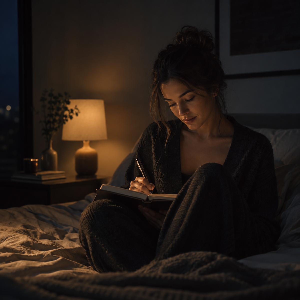 Woman journaling in bed beside a warm bedside lamp
