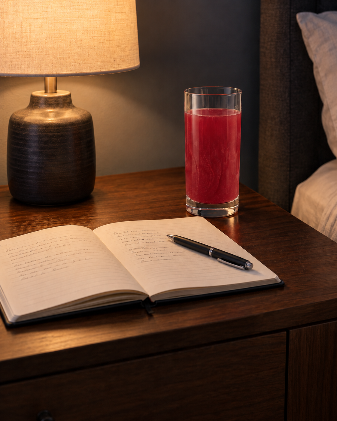 Warm walnut bedside table arranged for an evening wind-down routine
